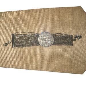 Silver Tone Pave Rhinestone and Silver Chain Statement Bracelet 9.5” Sparkly